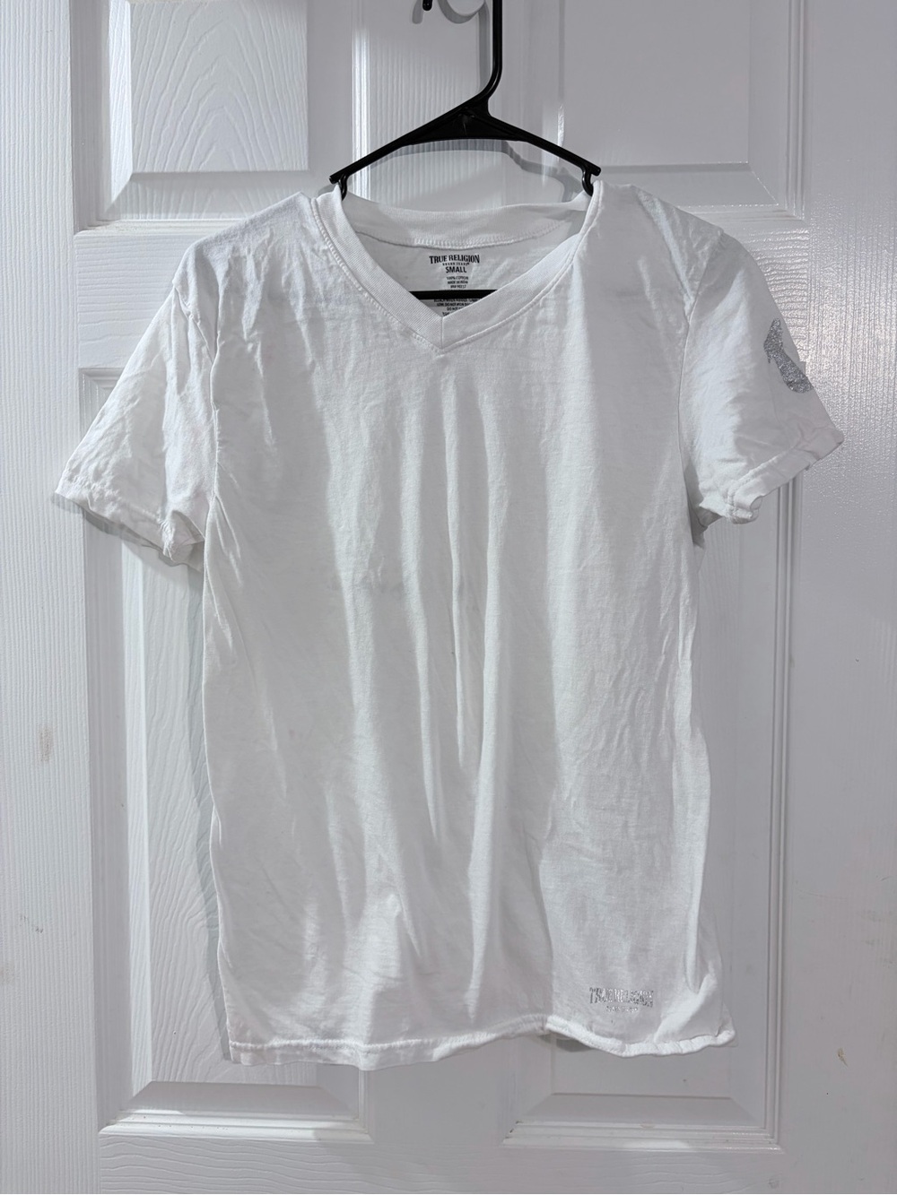 True Religion White V Neck T Shirt Small Silver Glitter Logo